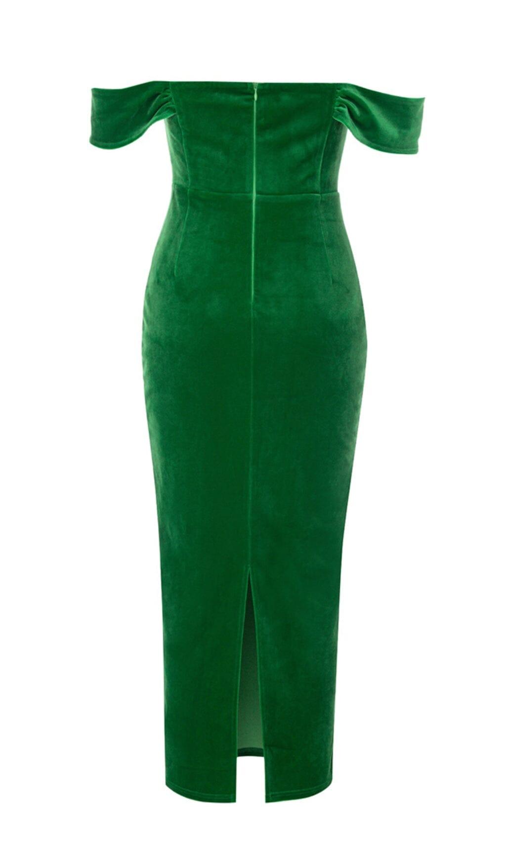 OFF SHOULDER CORSET MIDI DRESS IN GREEN