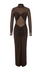 MESH LONG SLEEVE MAXI DRESS IN COFFEE