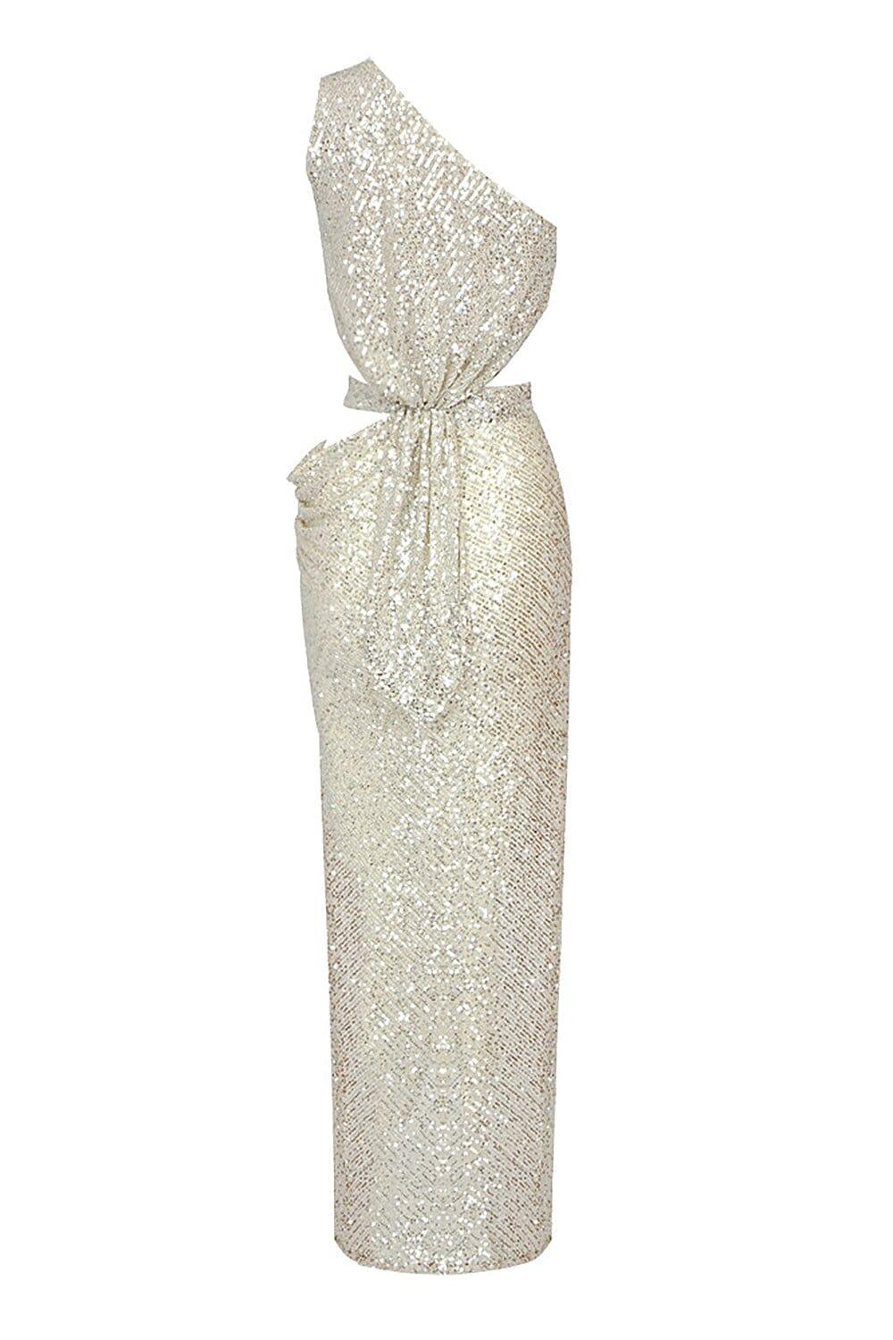 ONE-SHOULDER SEQUINS CUT OUT SPLIT MAXI DRESS