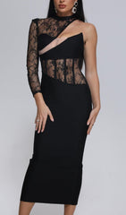 LACE ONE SHOULDER MIDI DRESS IN BLACK