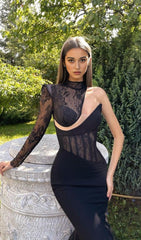 LACE ONE SHOULDER MIDI DRESS IN BLACK