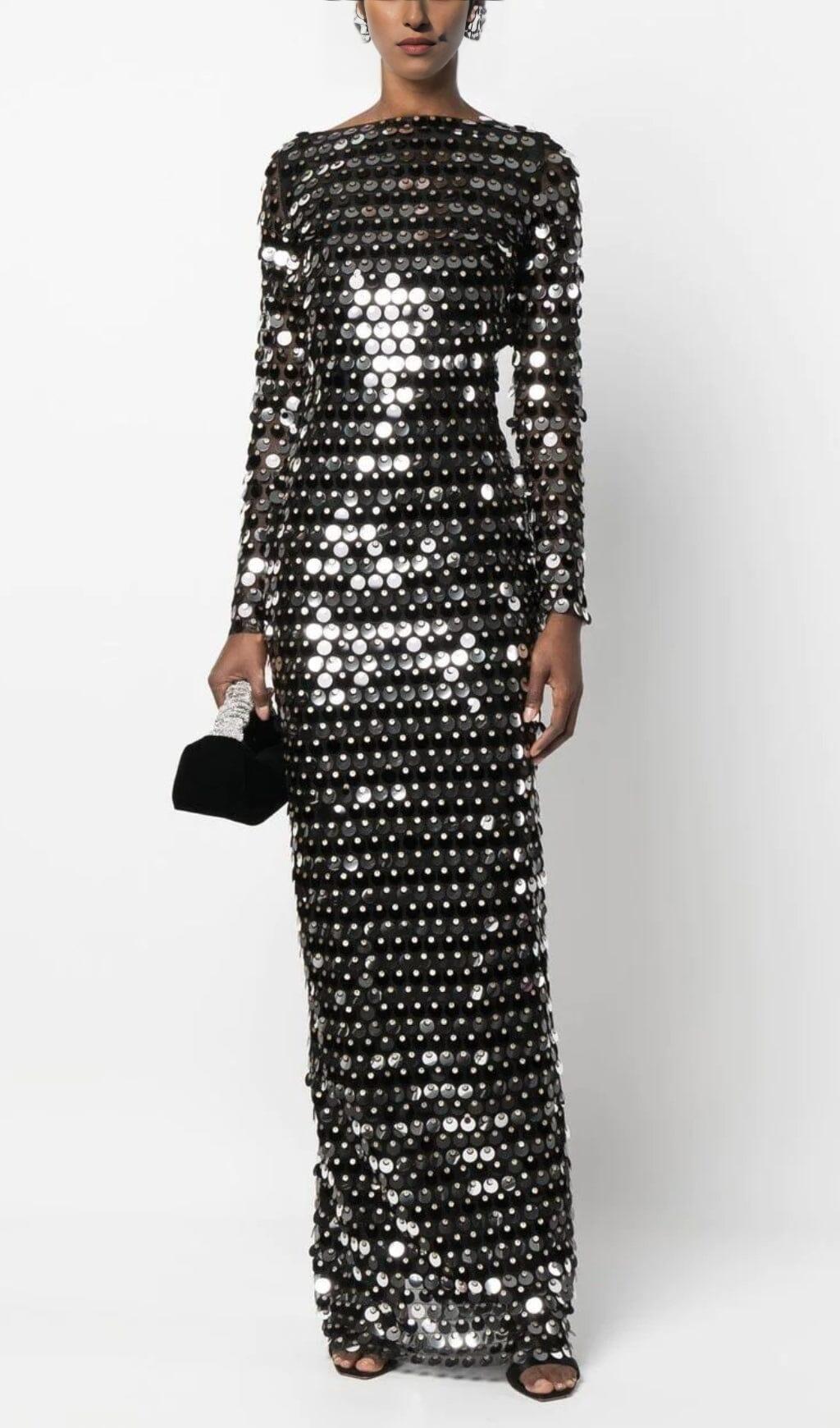 SEQUIN LONG SLEEVE MAXI DRESS IN BLACK