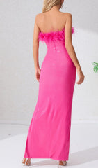 RED FEATHER SEQUIN MAXI DRESS