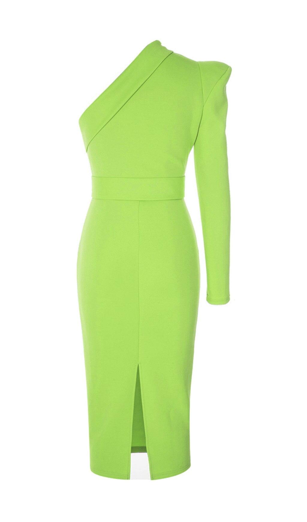 ONE SHOULDER BELT MIDI DRESS IN GREEN