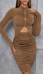 CARAMEL TURTLENECK WAIST HOLLOW PLEATED DRESS