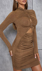 CARAMEL TURTLENECK WAIST HOLLOW PLEATED DRESS