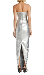 FAUX LEATHER STRAPLESS MAXI DRESS IN SILVER