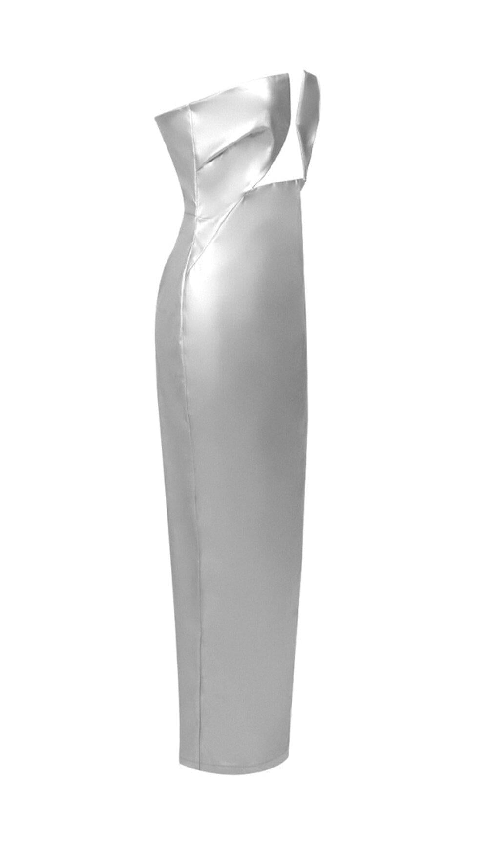 FAUX LEATHER STRAPLESS MAXI DRESS IN SILVER