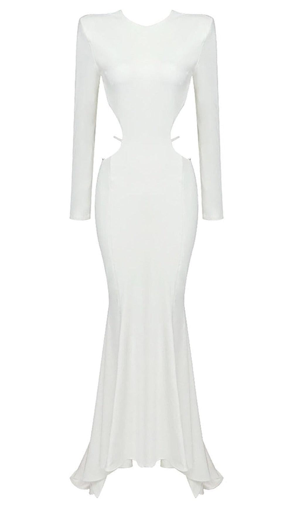 LONG SLEEVE CUT OUT BACKLESS MERMAID MAXI DRESS IN WHITE