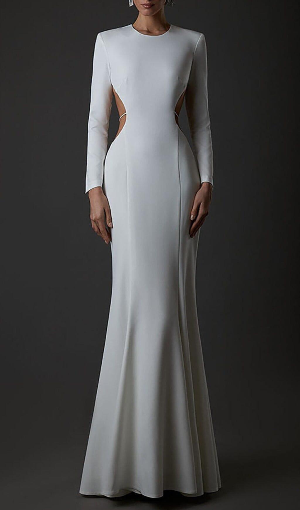 LONG SLEEVE CUT OUT BACKLESS MERMAID MAXI DRESS IN WHITE