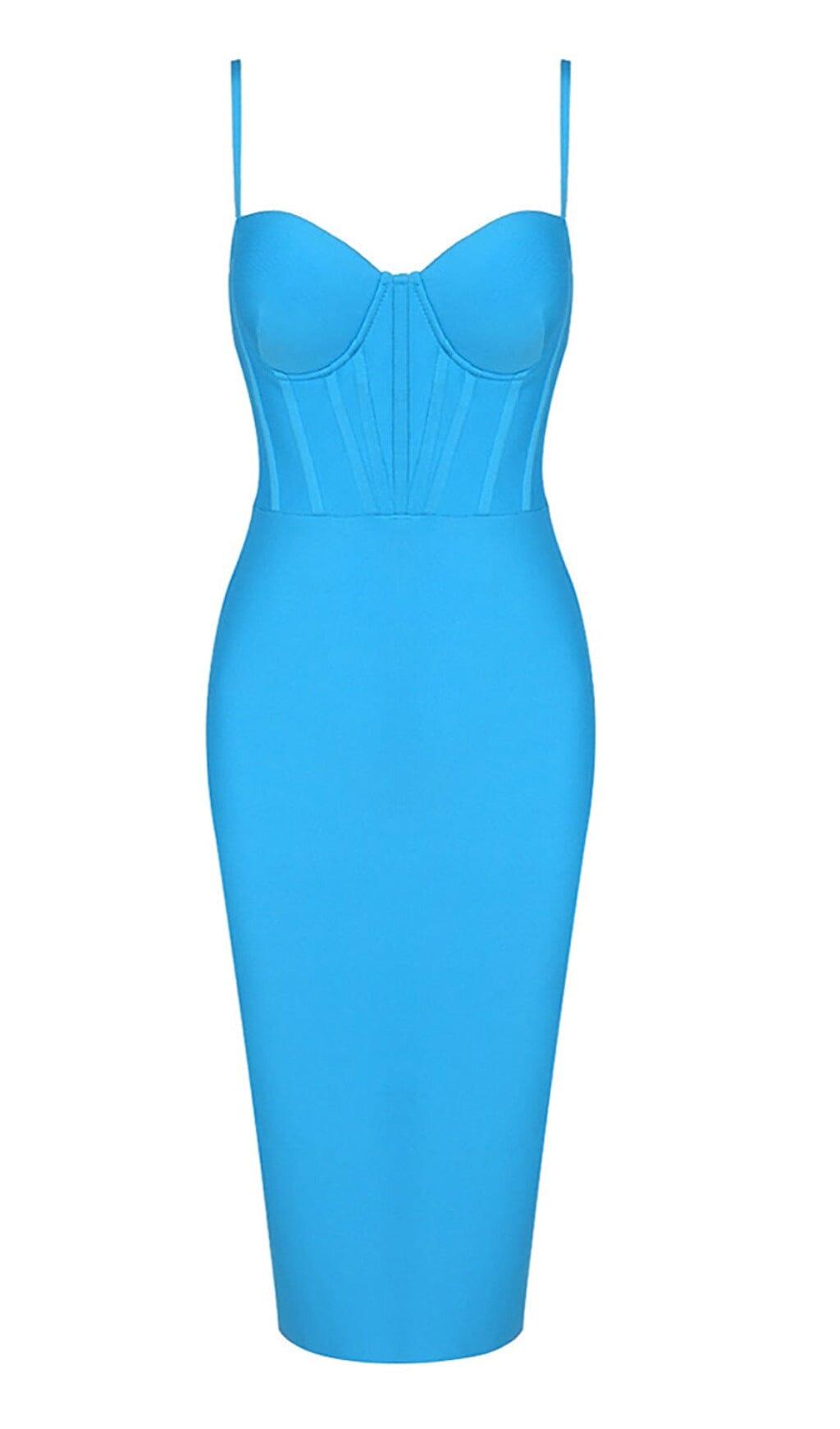 STRAPPY CORSET MIDI BANDAGE DRESS IN BLUE