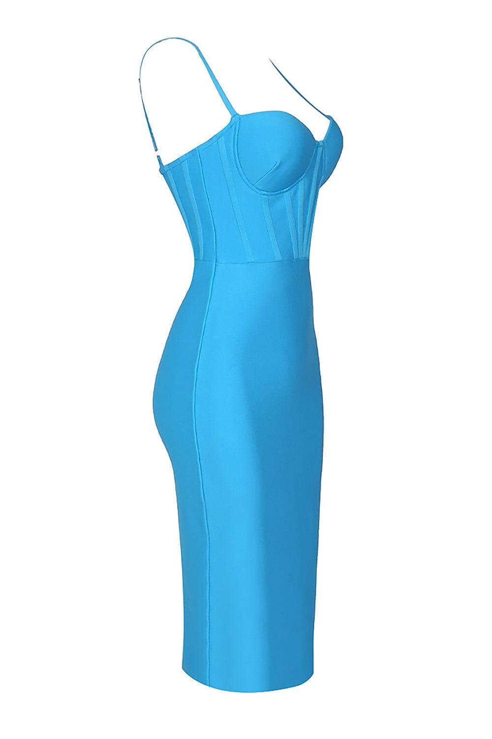 STRAPPY CORSET MIDI BANDAGE DRESS IN BLUE