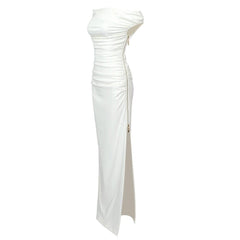 SLASH NECK PLEATED MAXI DRESS IN WHITE