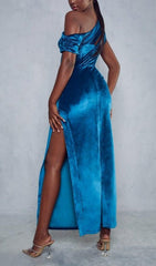 VELVET SLANT SHOULDER HIGH WAIST SPLIT MAXI DRESS IN TREASURE BLUE