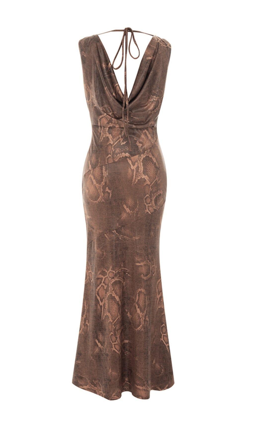 DRAPE SNAKE-PRINT SLEEVELESS DRESS IN KHAKI