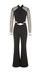 MESH STITCHED CROSS-TIE JUMPSUIT IN BLACK