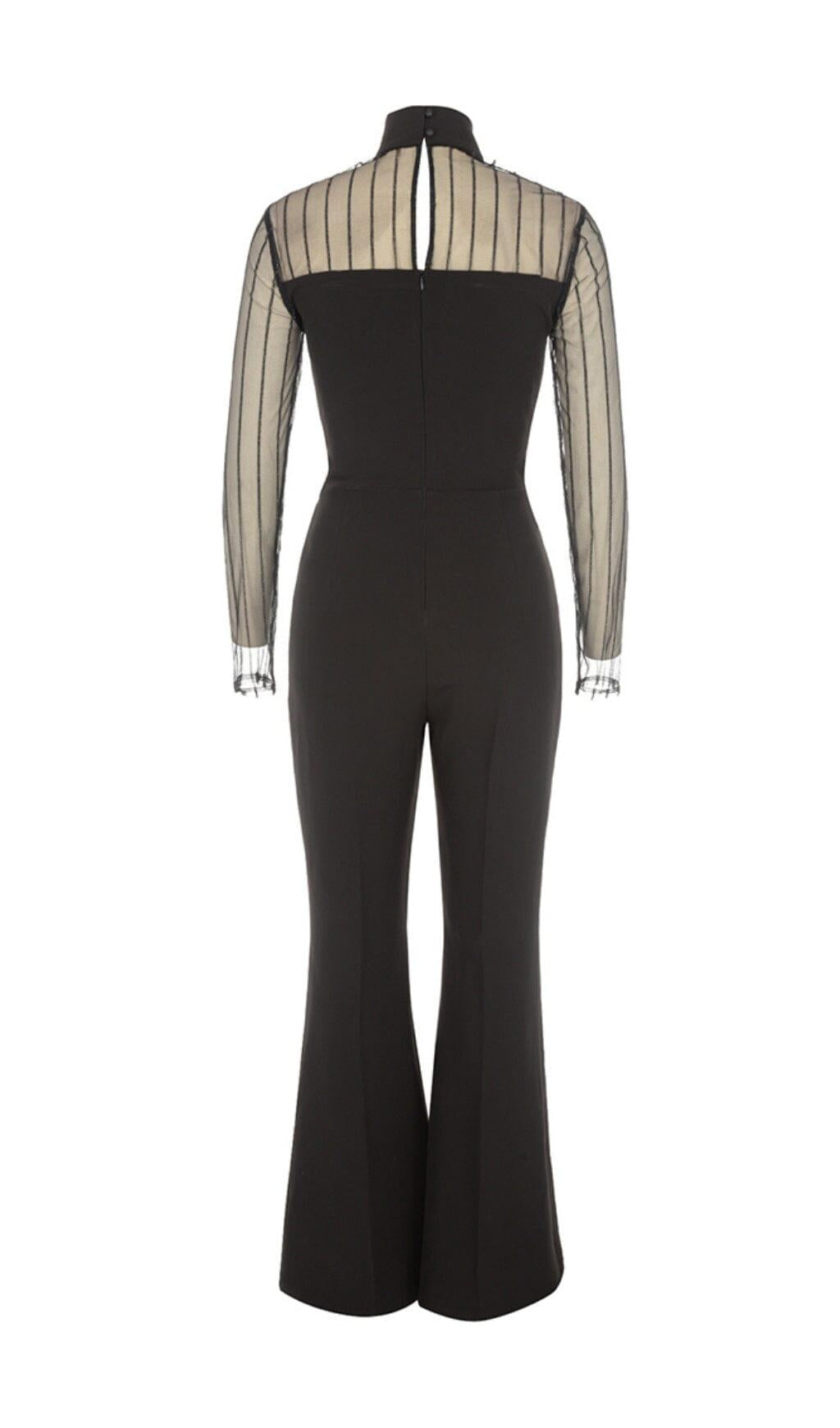 MESH STITCHED CROSS-TIE JUMPSUIT IN BLACK