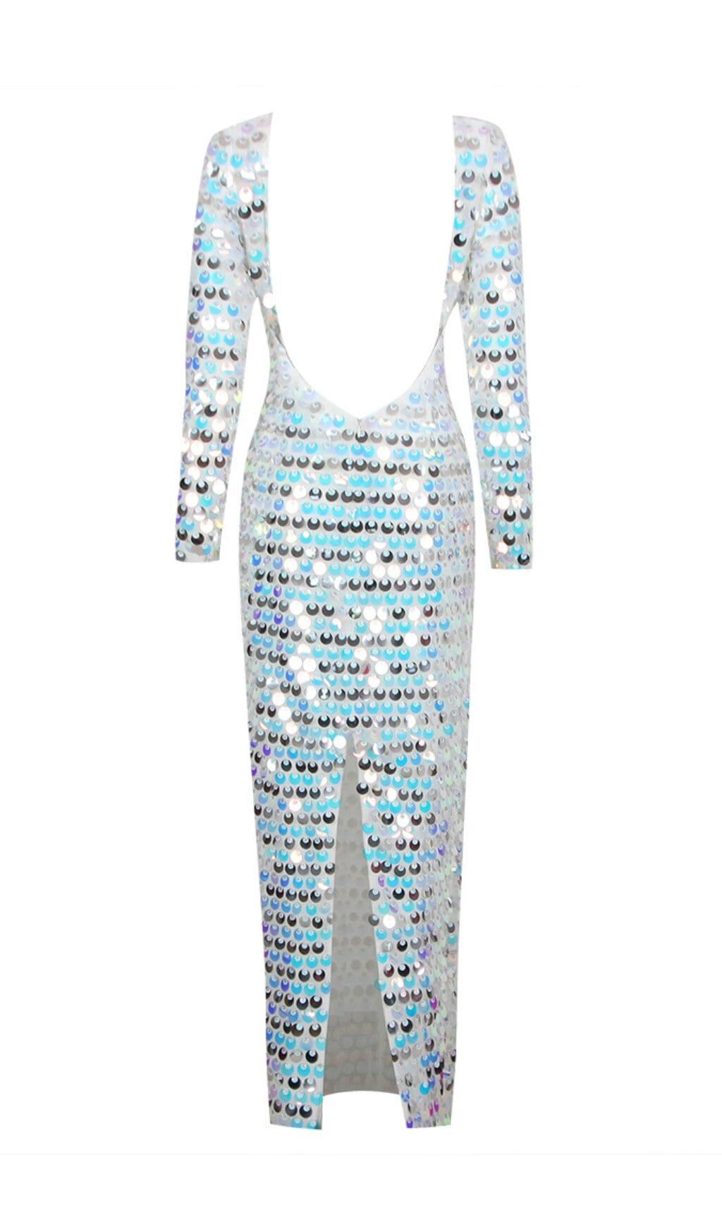 CREWNECK SLIM SEQUIN BACKLESS MAXI DRESS