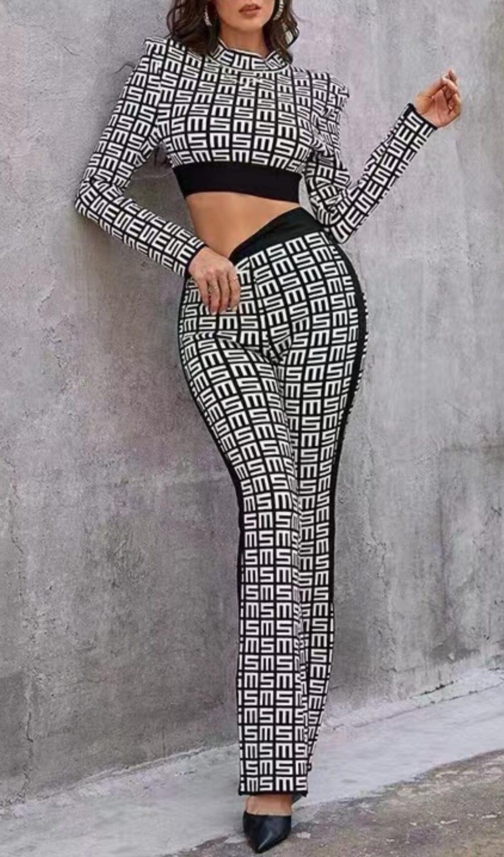 MONOGRAM PRINTED SHOULDER PAD SUIT IN WHITE AND BLACK