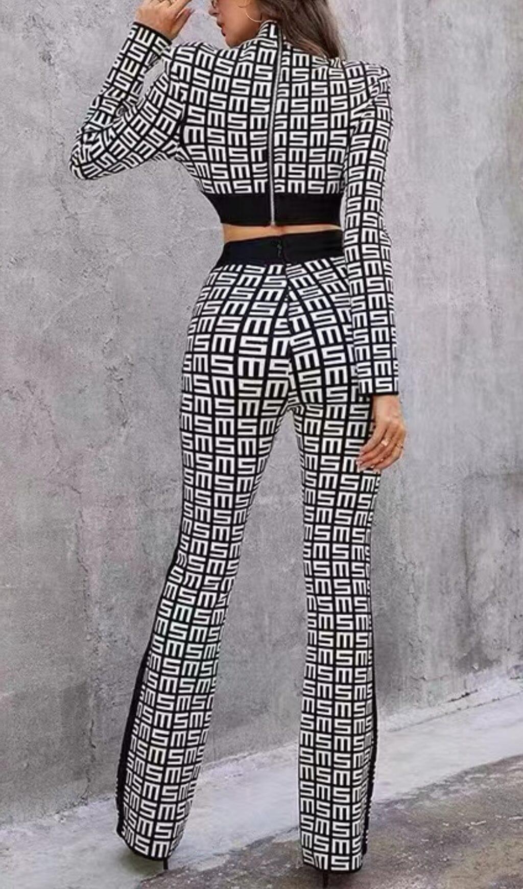 MONOGRAM PRINTED SHOULDER PAD SUIT IN WHITE AND BLACK