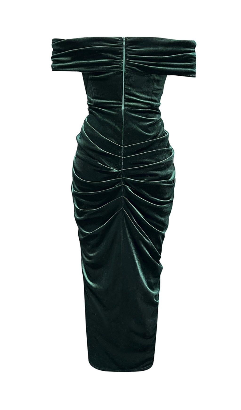 VELVET ONE-LINE SHOULDER HIGH SLIT DRESS IN DARK GREEN