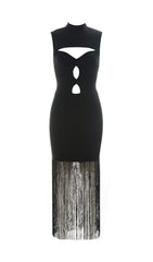 SLEEVELESS HOLLOWED OUT FRINGE DRESS IN BLACK