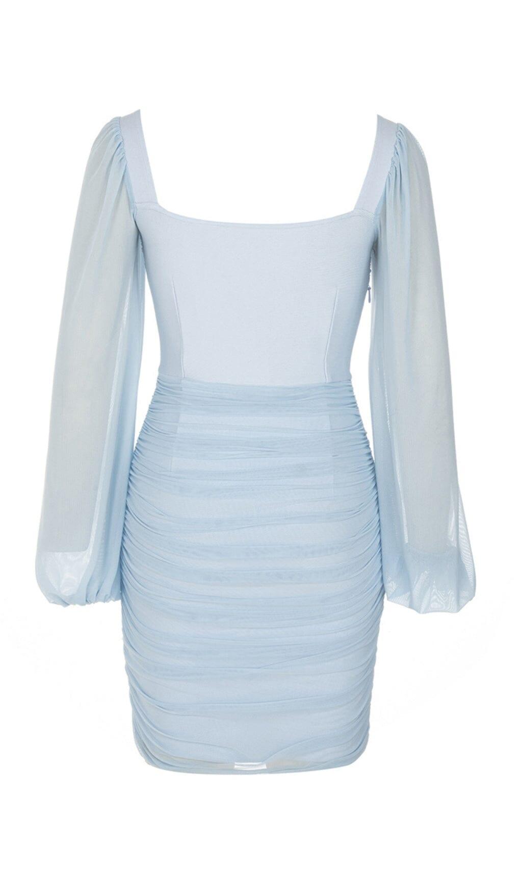 FISHBONE RUCKED WAIST ONE-LINE SHOULDER DRESS IN LIGHT BLUE