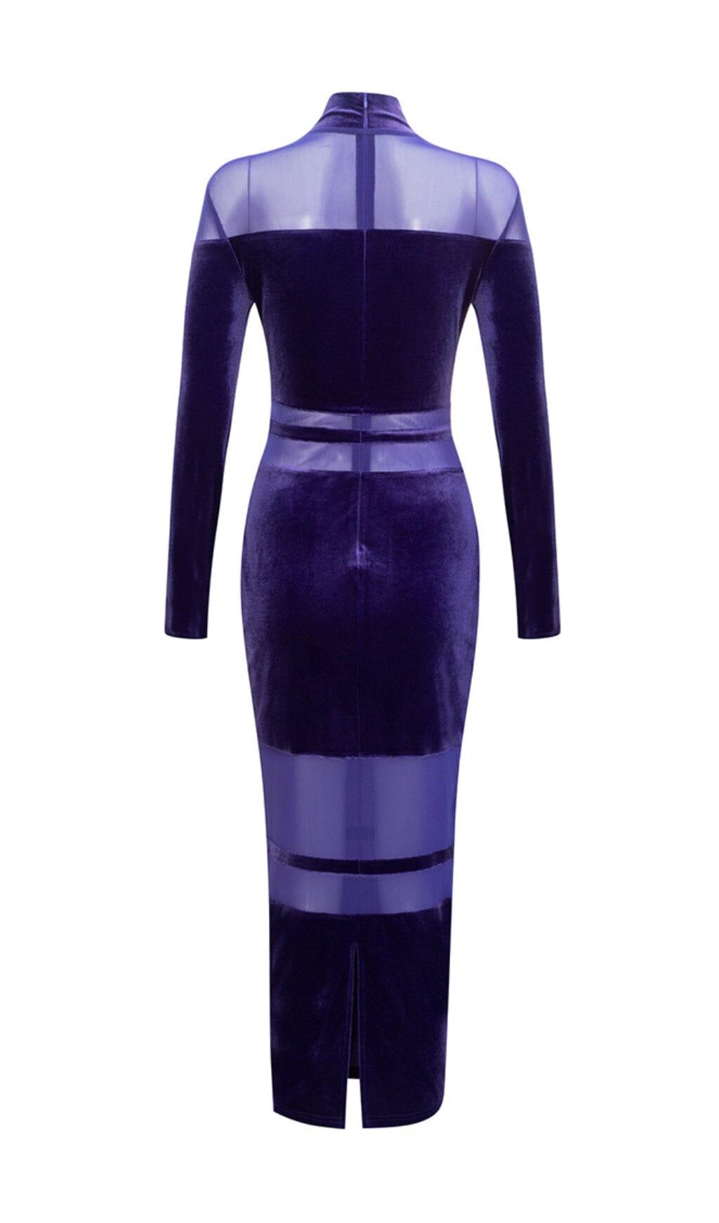 VELVET PERSPECTIVE TULLE STITCHING BAG HIP DRESS IN PURPLE