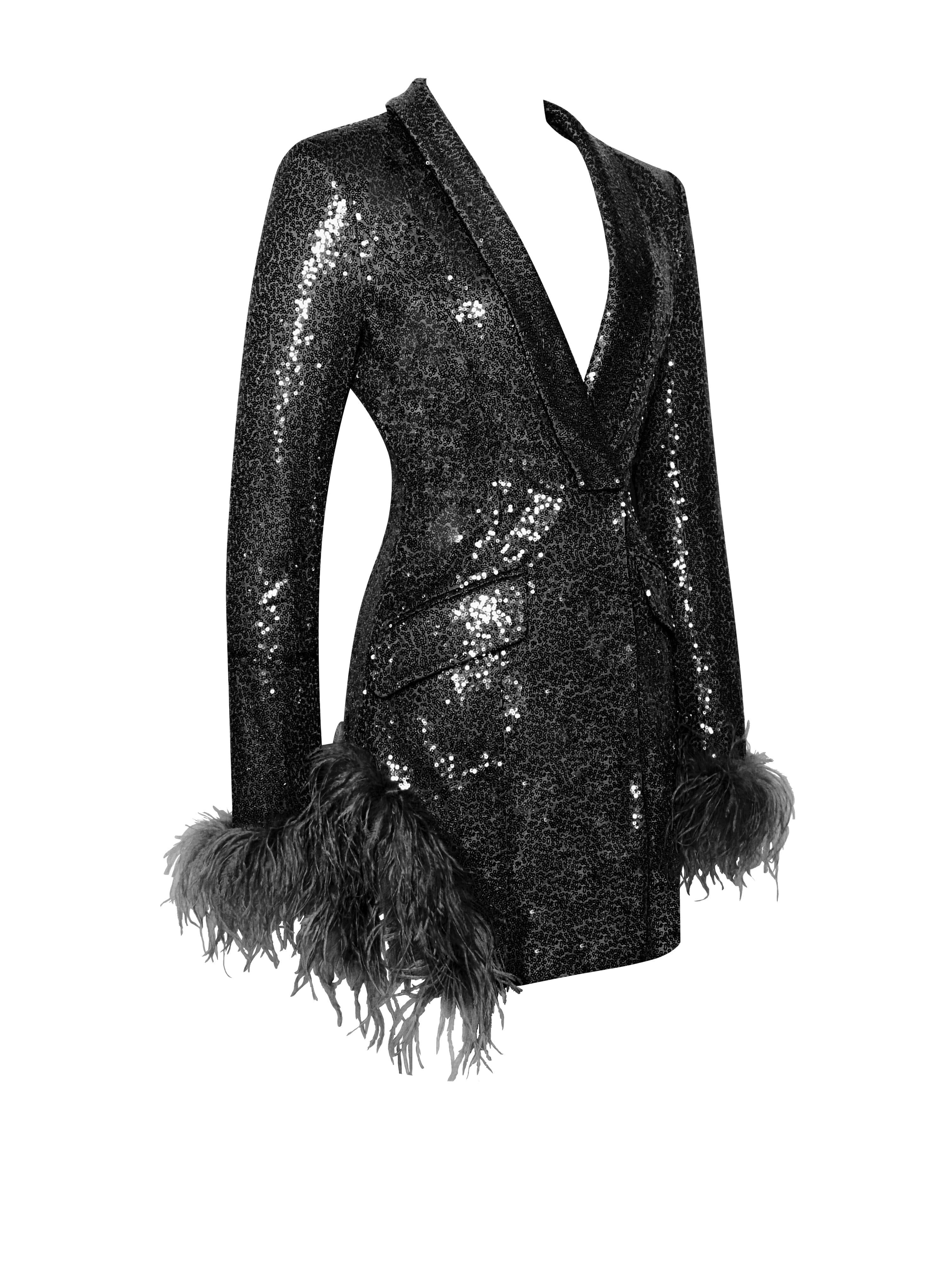 BLACK SEQUIN FEATHER TRIM BLAZER DRESS