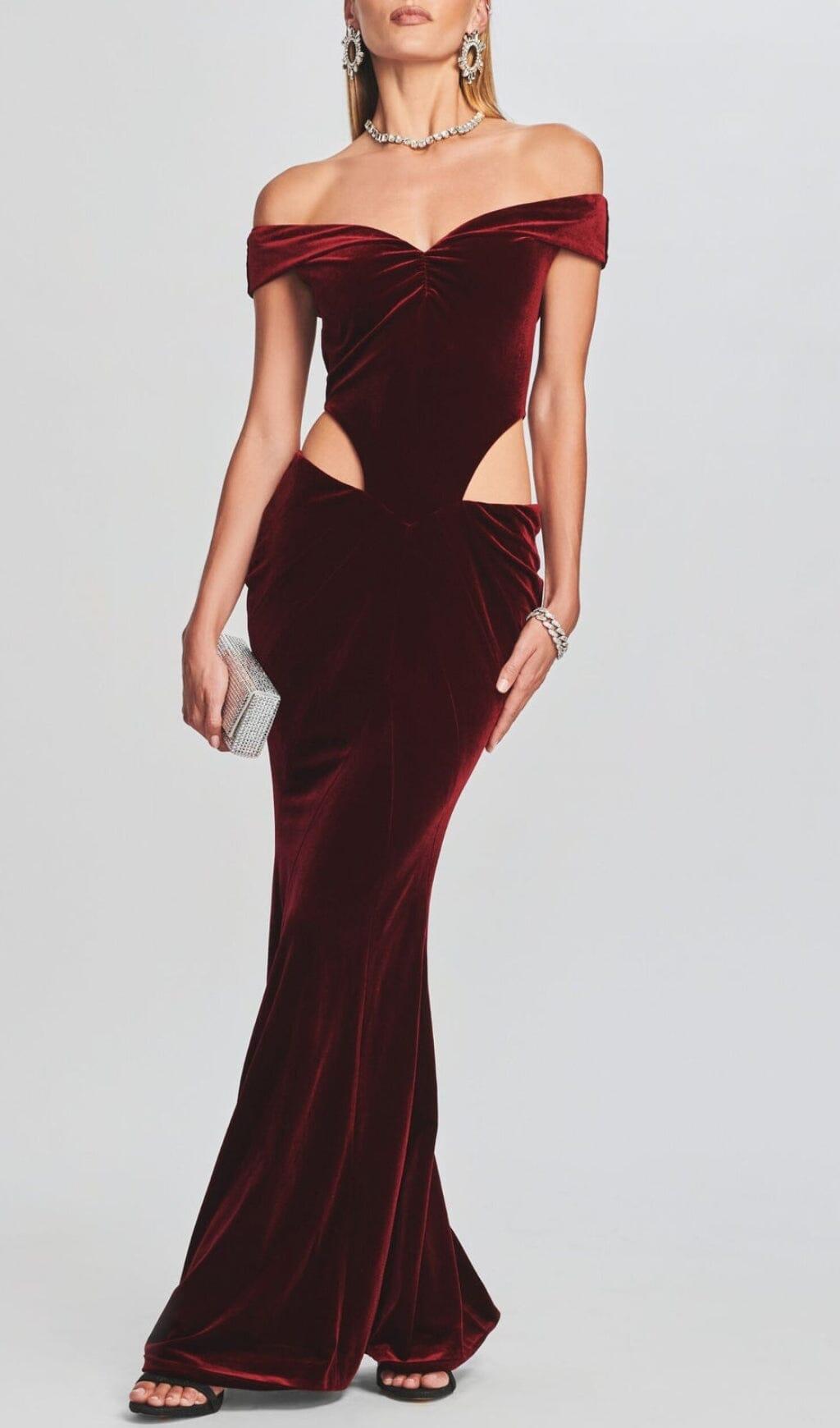 OFF SHOULDER WAIST HOLLOW VELVET MAXI DRESS IN BURGUNDY