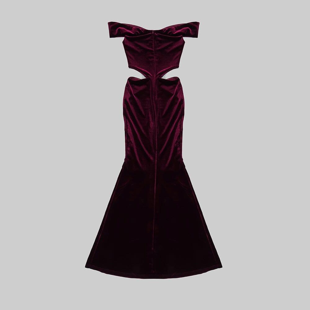 OFF SHOULDER WAIST HOLLOW VELVET MAXI DRESS IN BURGUNDY