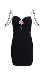 DIAMOND FLOWER SLEEVELESS SUSPENDER MINI DRESS IN BLACK