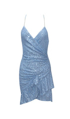 SEQUIN V NECK MINI DRESS IN BLUE