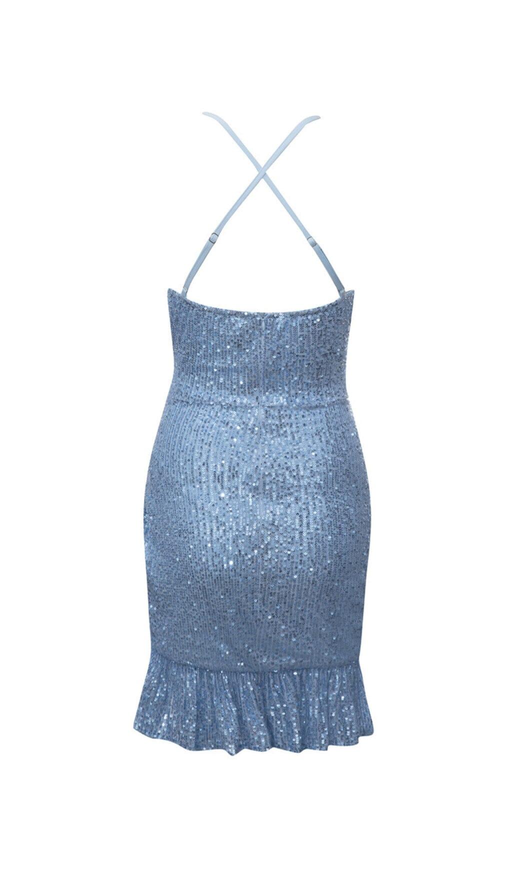 SEQUIN V NECK MINI DRESS IN BLUE