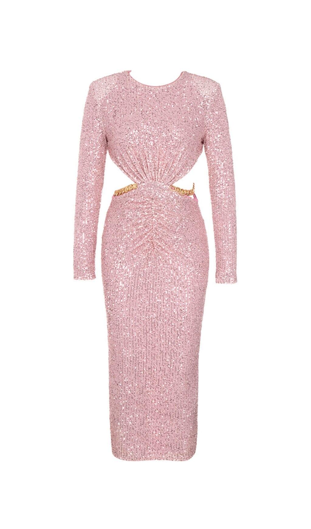 PINK WAIST HOLLOW BACK SLIT MIDI DRESS