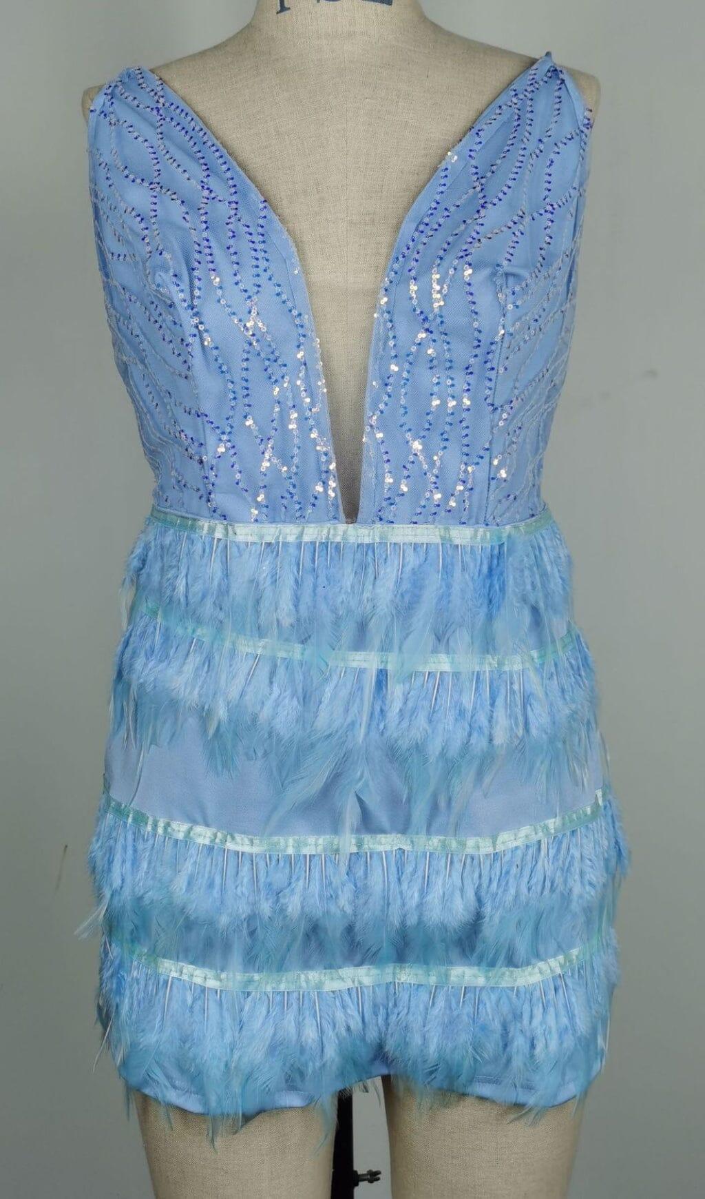 FEATHER WRAP HALTER SWEETHEART MINI DRESS IN BLUE