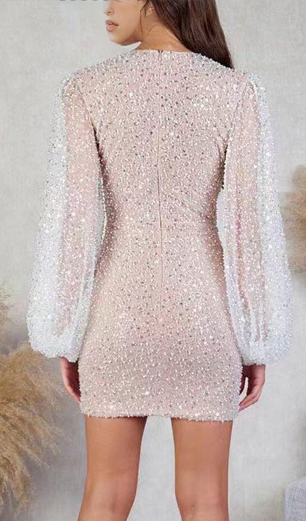 SEQUIN LANTERN SLEEVES DEEP V-NECK WRAP HIP SEXY MINI DRESS IN WHITE