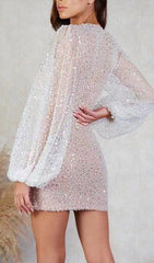 SEQUIN LANTERN SLEEVES DEEP V-NECK WRAP HIP SEXY MINI DRESS IN WHITE