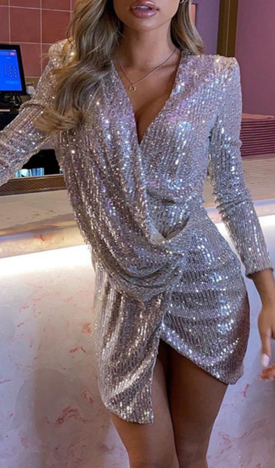 SEQUIN IRREGULAR PLEATED FASHION MINI DRESS IN SILVER