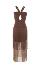 BROWN SLEEVELESS CHEST HOLLOW FRINGE HEM SKINNY MAXI DRESS