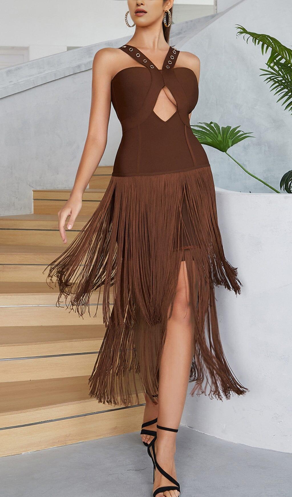 BROWN SLEEVELESS CHEST HOLLOW FRINGE HEM SKINNY MAXI DRESS