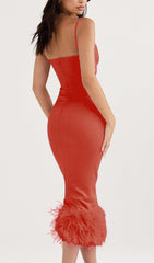 SATIN FEATHER TRIM MIDI DRESS IN RED