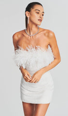 SEQUIN FEATHER STRAPLESS MINI DRESS IN WHITE