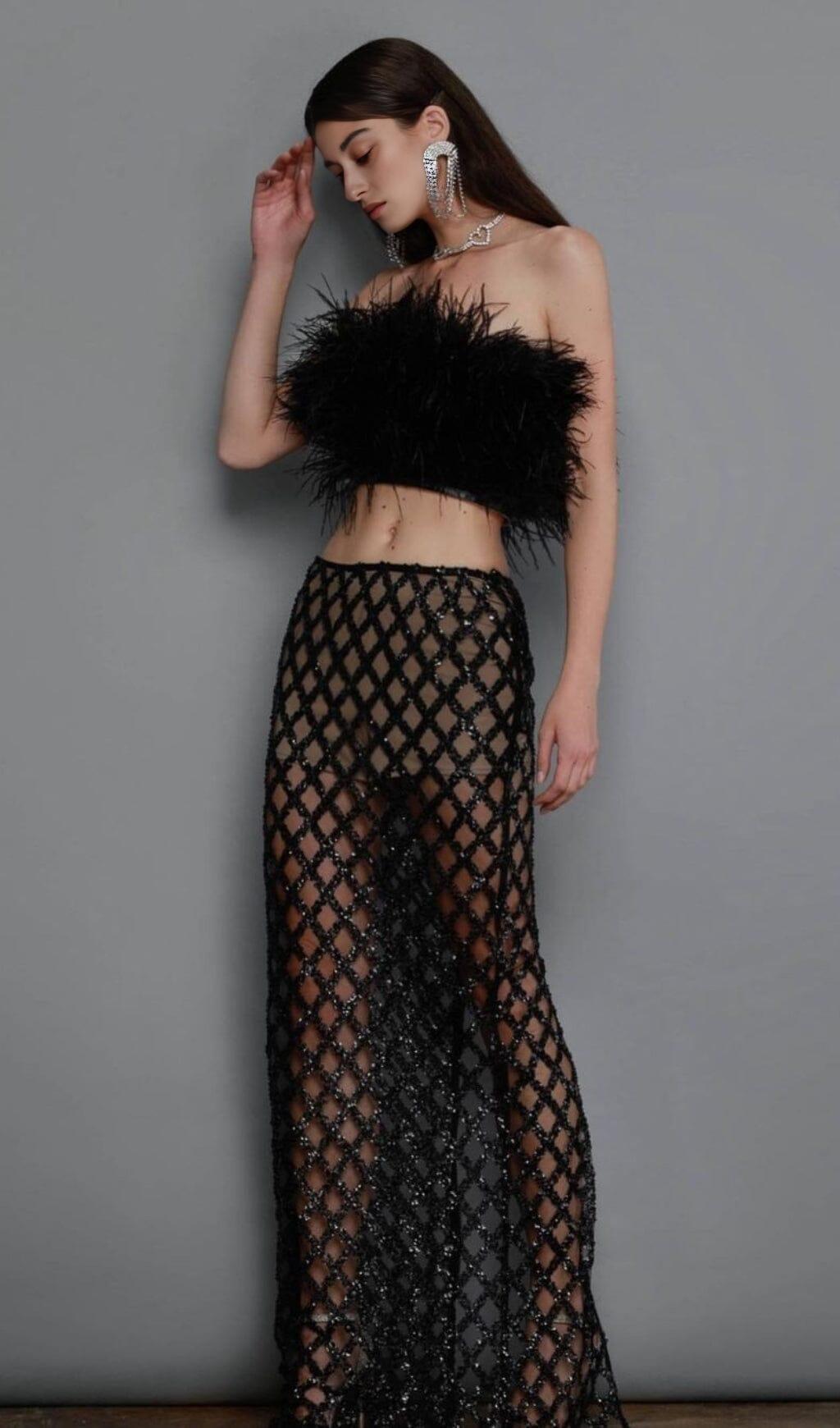 FEATHER SEQUIN TWO PIECE SET IN BLACK