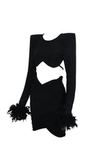 SHOULEDR PAD WAIST BARING FEATHER BLOUSE PLEATED DRESS IN BLACK