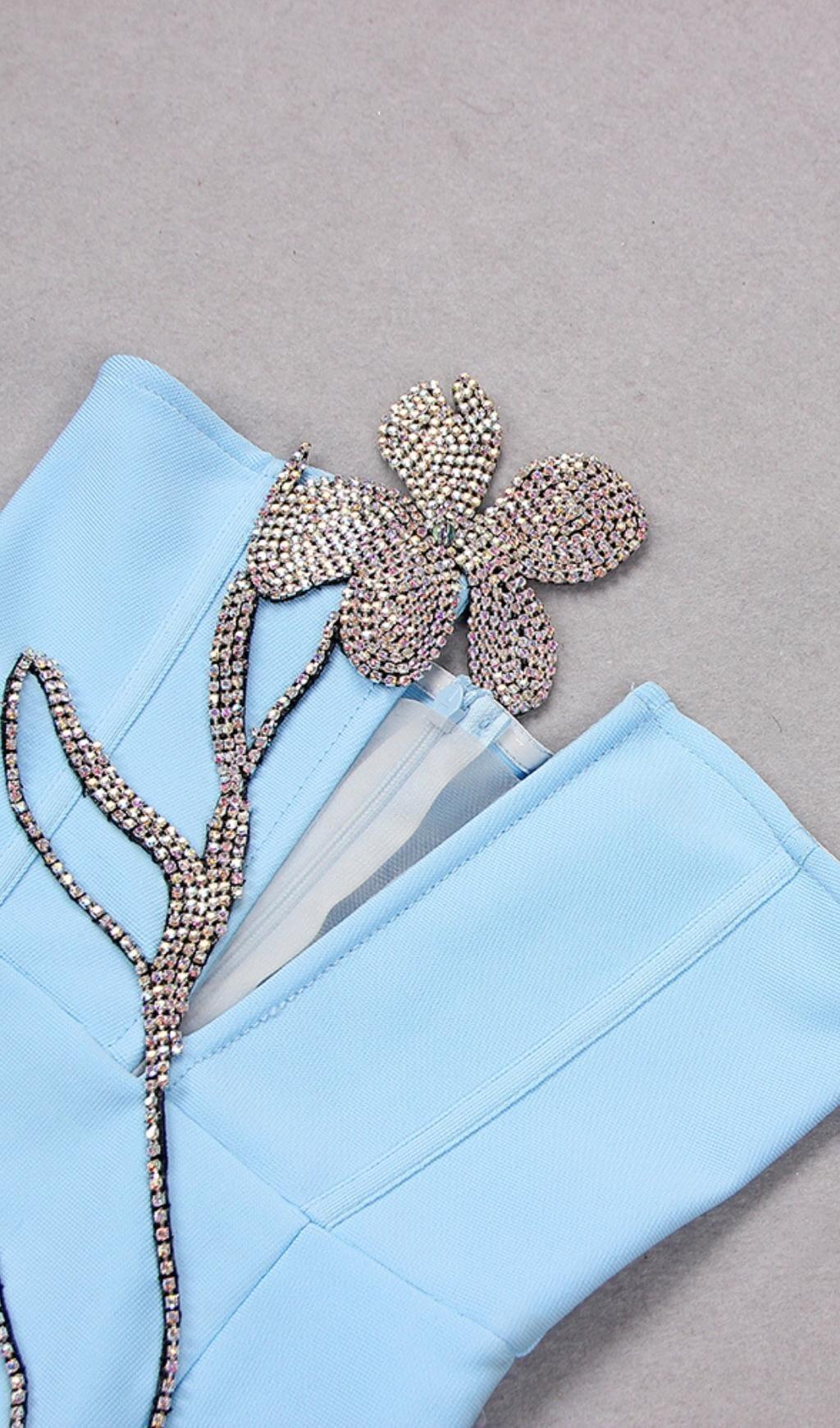 CRYSTAL FLOWER MINI DRESS IN BLUE