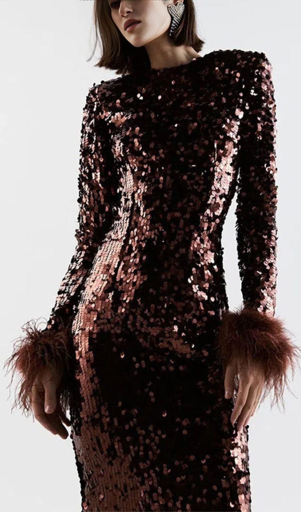 SEQUIN PATCHWORK PLUSH CUFF DRESS IN BROWN