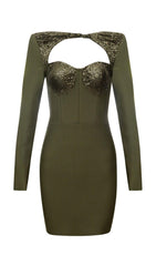 SEQUIN BODICE HIP WRAP DRESS IN OLIVE GREEN