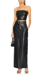 TWO-PIECE MATTE LEATHER TOP WITH BELT DRESS IN BLACK