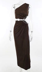 SLEEVELESS HOLLOW SLIT MAXI DRESS IN BROWN